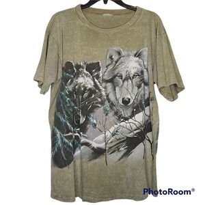 Vtg Mens Green 90s Wolves Double Sided Tee Single Stich Mineral Wash Wilderness